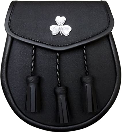 Irish Shamrock Sporran Good Quality Smooth leather Opens with a stud and flap at the front 3 leather