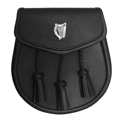 Leather Sporran with Irish Celtic Harp Badge on Front 3 Tassels & Sporran Chain Belt