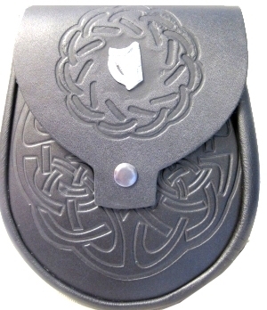 Black Celtic Knot Embossed Leather Sporran features a Irish Harp badge on the flap