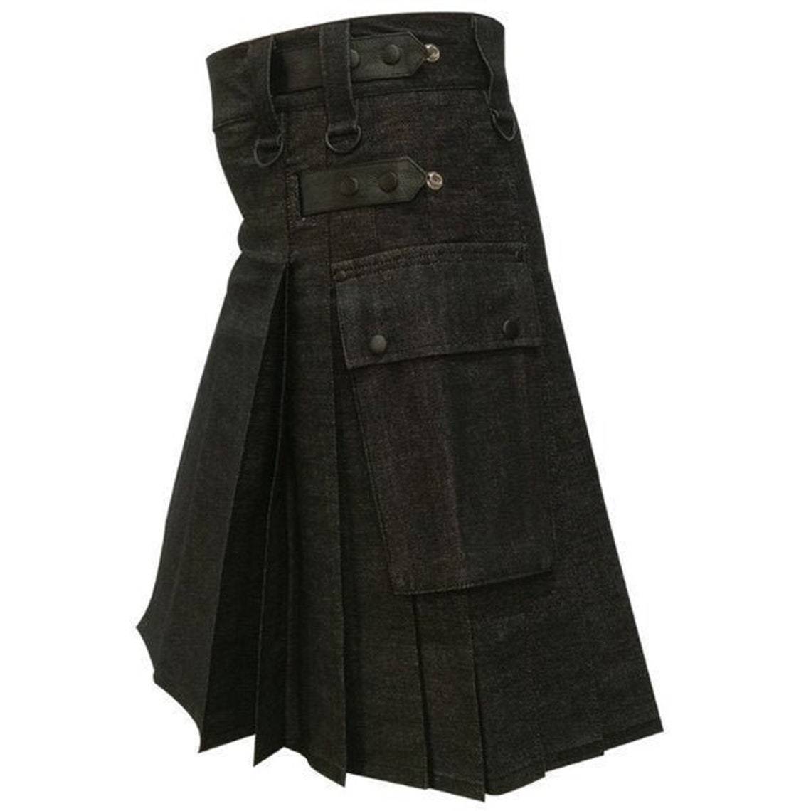 Men Black Grey Utility Kilt Heavy Duty Cotton Drill Fabric Sewn down pleats on the back Pockets