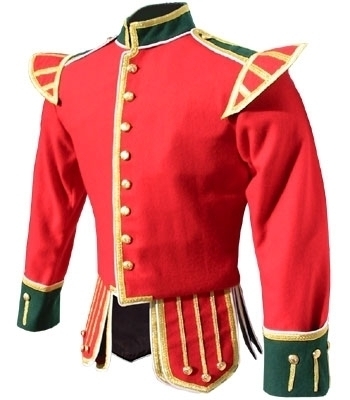 Red 100% Melton wool body, Green collar, cuffs, and epaulettes, White piping, 8 button front closure