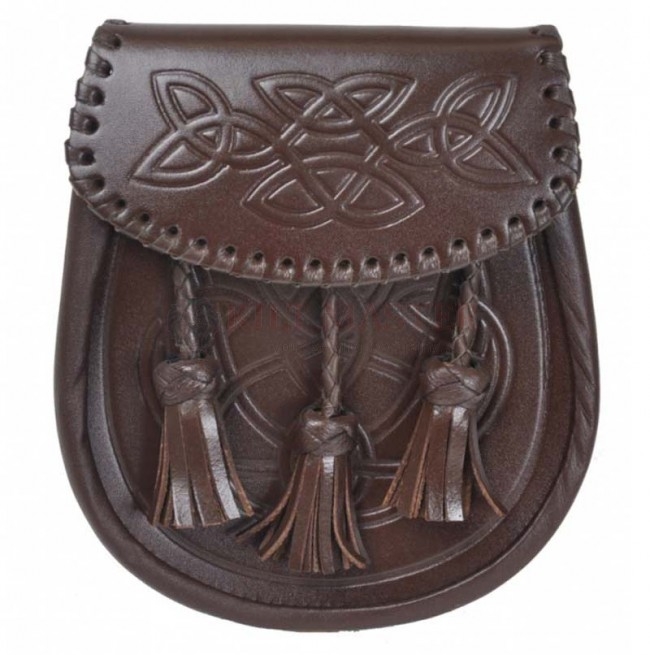 Brown Celtic Sporran Embossed flap and body with a Celtic design Opens with a stud on the front 3 br