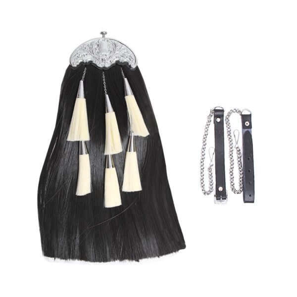 Synthetic Long Hair Sporran black color body with 5 ivory color tassels