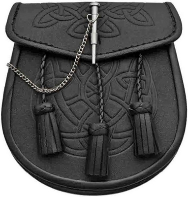 Sporrans , Black smooth leather embossed with a Celtic pattern It has 3 leather tassels and a metal 