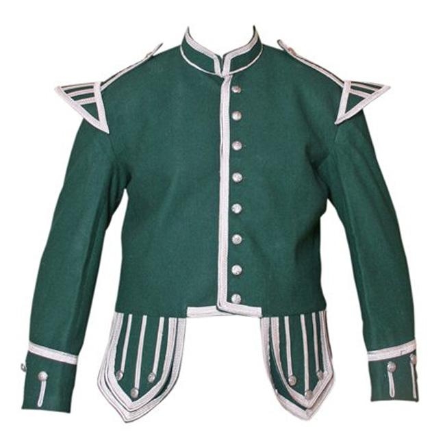 Military Pipe Band Doublet, Dark Green Melton wool body White piping 8 button front closure  S