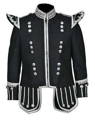 Pipe Band Doublets Black Melton wool body White piping, 18 button front zip closure, Silver BRAID 