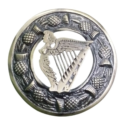 Antique finish fly plaid brooch thistle ring with irish harp lady crest