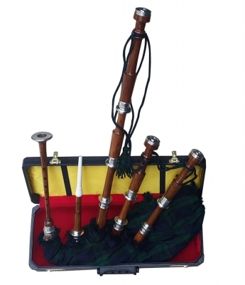 BROWN Wood bagpipe BLACK WATCH Bag cover with cord, with turned Plain nickel Sole and Knobs 