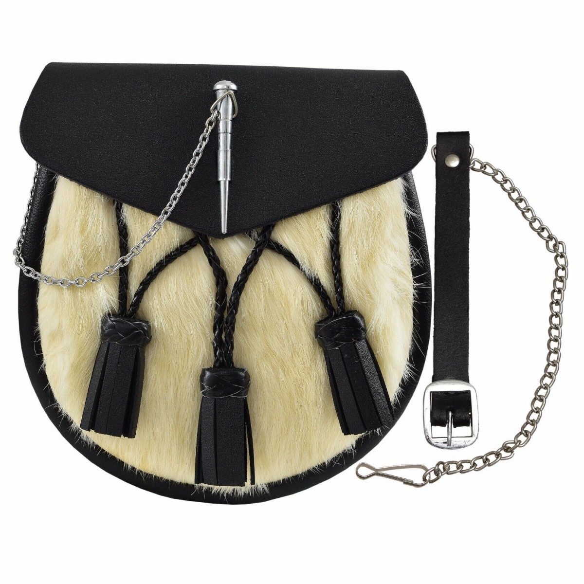Rabbit Fur Sporran It has 3 leather tassels and a metal loop and pin closure on the flap