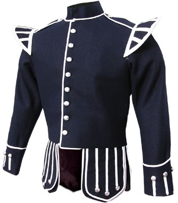 Pipe Band Doublet Navy Blue 100% Melton wool body, White piping trim, 8 button front closure
