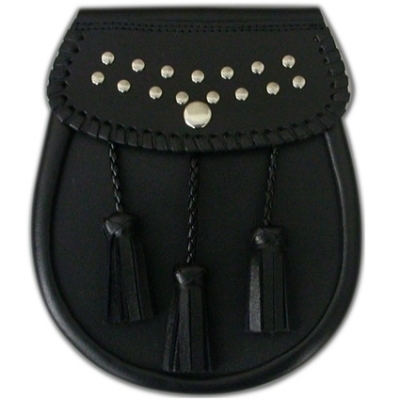 Black Leather sporran with a studs design on the flap Does up with popper Black leather body 3 black