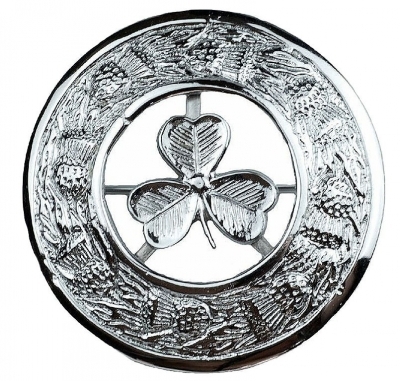 Plaid brooch thistle ring with irish shamrock crest in center of design chrome finish