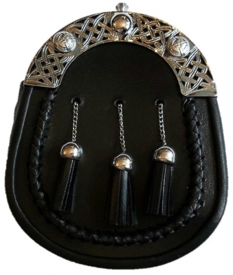 Black Leather Formal Sporran With Celtic Cantle Interlaced Celtic design on the cantle 3 matching ta