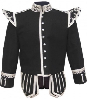 Pipe Band Doublet, Black 100% Melton wool body White piping 8 button front closure Silver braid trim