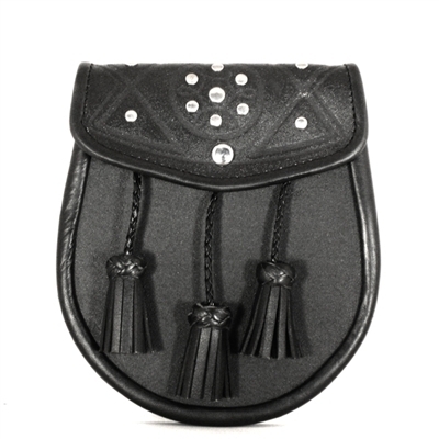 Black leather Sporran, Embossed studded flap snap, with chain leather straps to suit adult men
