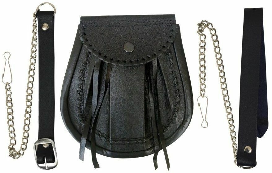 Sporran in Distressed Black Leather, with stud fastening in a Jacobite Highlander Design