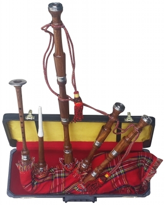 BROWN Wood bagpipe, Royal Stewart Bag cover with cord, with turned Plain nickel Sole and Knobs with 