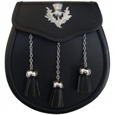 Classic Everyday Sporran Smooth leather Thistle Badge on the flap Chain  3 Tassels