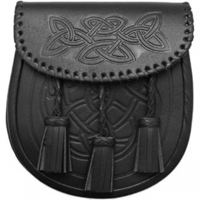 Leather Daywear Sporran Celtic embossed on body and flaps 3 leather tassels Stud opening