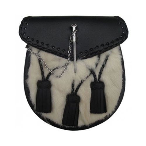 Rabbit Fur Sporran 3 leather tassels and a metal loop and pin closure on the flap