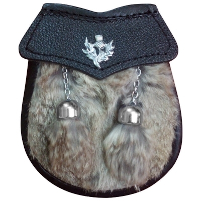 Boys leather sporran with GREY rabbit fur  2 rabbit fur tassels on chains
