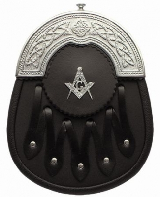 Masonic Formal Sporran Black Leather  Celtic Silver Colored Cantle Chrome Masonic Badge on the Face