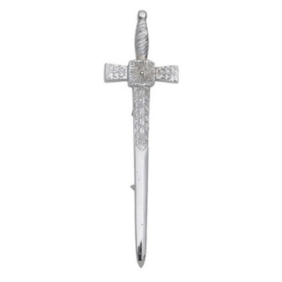Kilt pin celtic broad sword chrome finish secured by a swivel lock mechanism