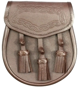 Sporrans, brown leather 3 tassels with Celtic Embossed on flap Chain Straps included.
