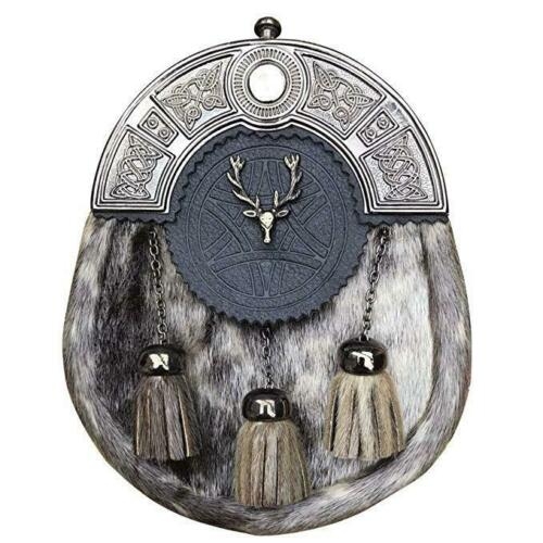 Seal Skin Sporran Celtic Knot design Cantle on Leather Flap 3 Tassels with studs SCOTTISH STAG on Fr