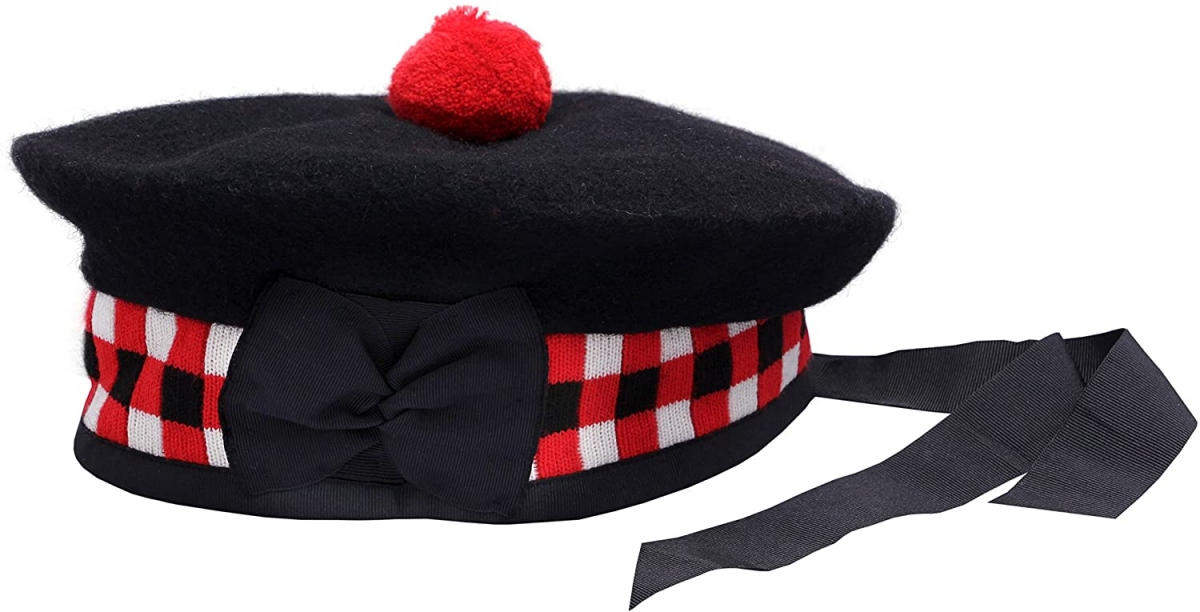 Balmoral cap made of black wool red white black diced red pom