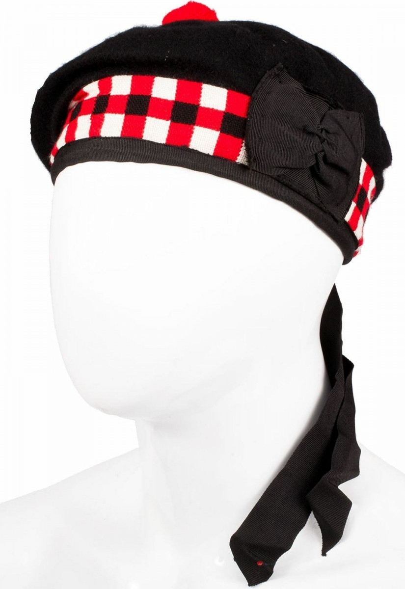 Pipe Band Balmorals Cap made of black wool White Red Black Dicing.