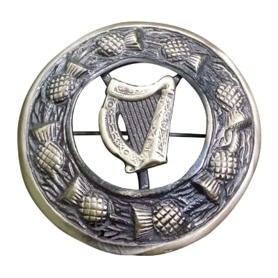 Antique finish fly plaid brooch thistle ring with irish harp crest