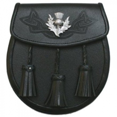 Grained Black Leather Sporran Celtic embossed on the flap Stud opening with Thistle badge on the fla