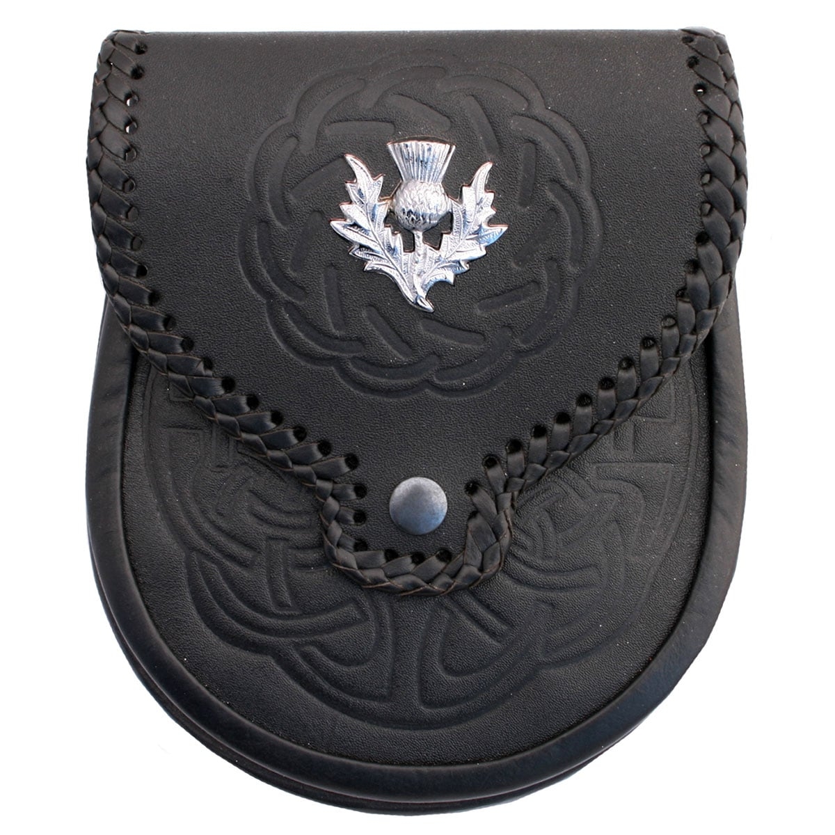 Double Embossed Scottish Black Leather Kilt Sporran w/Belt