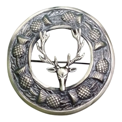 Antique finish fly plaid brooch thistle ring with scottish stag head crest