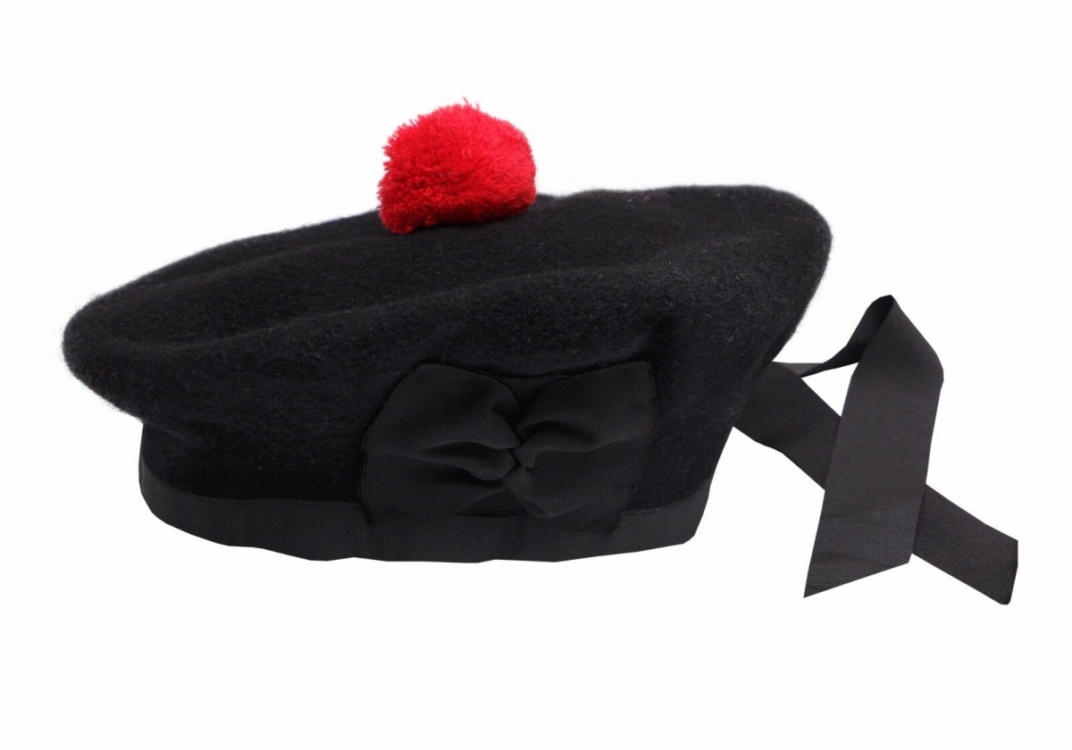 Balmoral cap made of black wool red pom any sizes