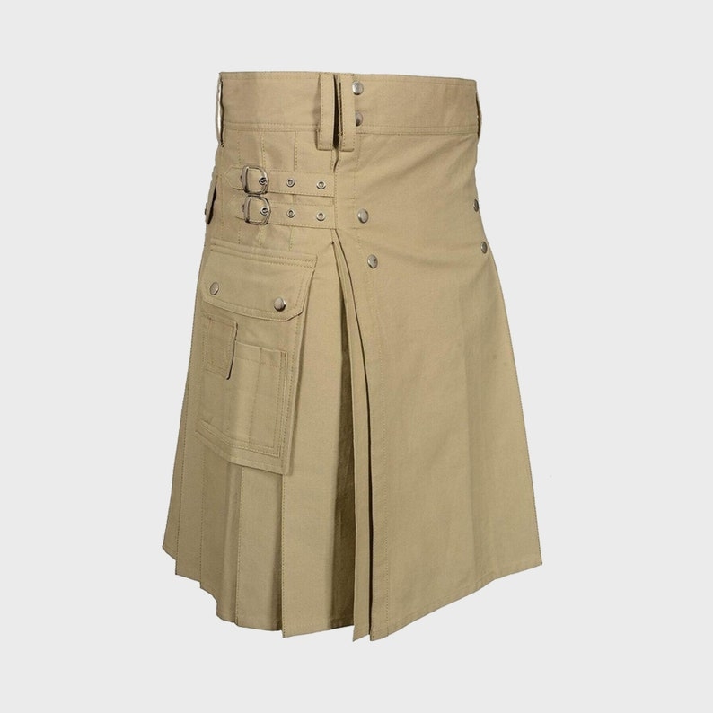 Men Khaki Utility Kilt Heavy Duty Cotton Drill Fabric Sewn down pleats on the back Pockets
