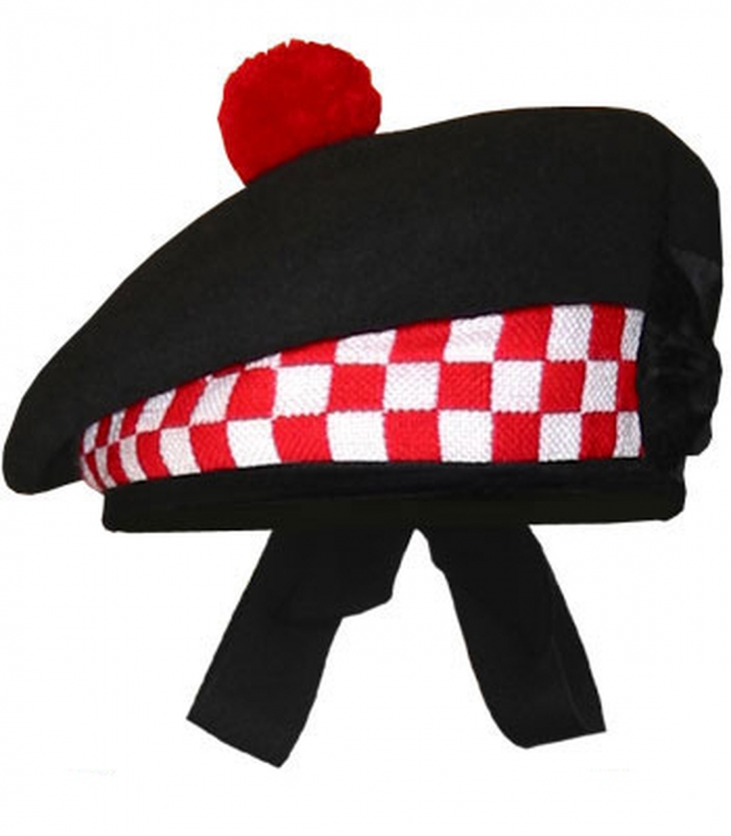 Pipe Band Balmoral Cap made of Wool White and Red Dicing.