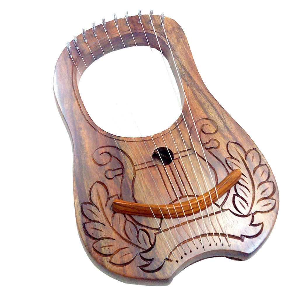 Engraved Lyre Harp Rosewood 10 Metal Strings Free Carrying Case & Key