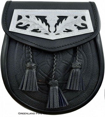 Sporran, Black leather, Thistle design head on flap snap closure, 3 leather tassels, with chain leat