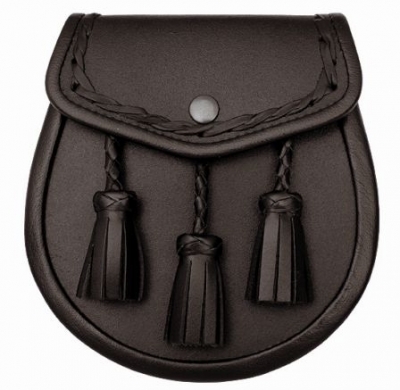 Classic Everyday Sporran Smooth leather Roped Braiding around the flap 3 Tassels