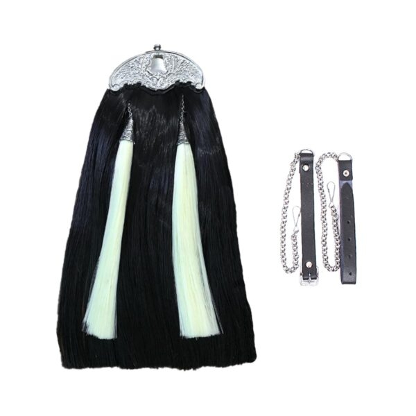 Synthetic Long Hairs Sporran black color body with 2 ivory color tassels, with chrome chain belt. Ch