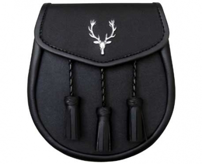 Leather Sporran with Stag Head Badge on Front 3 Tassels & Sporran Chain Belt