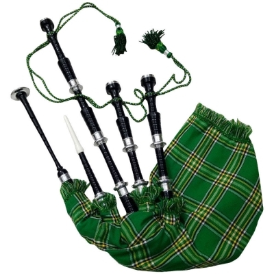 Black Finish bagpipe IRISH NATIONAL Tartan cover with cord with turned PLAIN nickel Sole Scrolls
