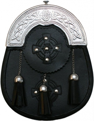Dress Sporran, Chrome Celtic Cantle Cross embossed on body with studs 3 leather tassels on chains,