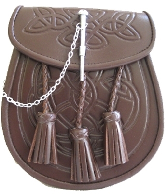 Brown leather sporran features an embossed Celtic Knot design with three tassels and convenient pin 