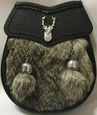 Boys leather sporran with GREY rabbit fur with STAG HEAD