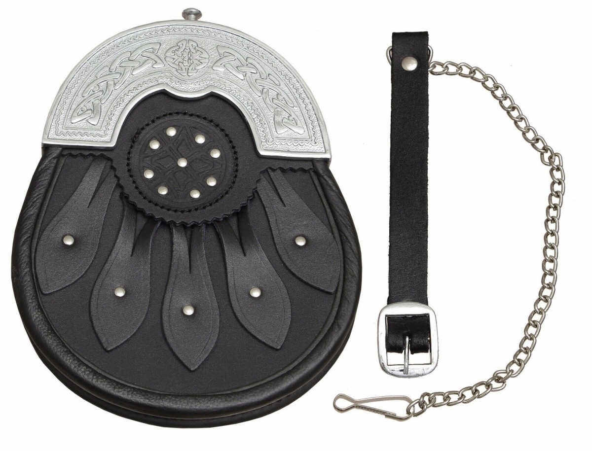 Sporran is made of genuine leather (black), nickel plated brass cantle with Celtic design