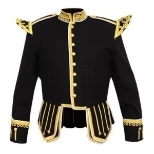 Pipe Band Doublet, Black 100% Melton wool body Gold piping 8 button front closure Silver braid trim 