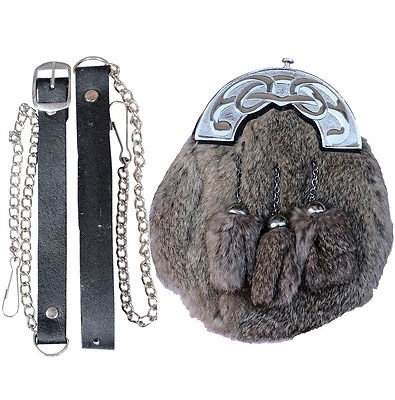 Sporran is handmade with the best quality leather & grey rabbit fur to very high standards Chrome fi